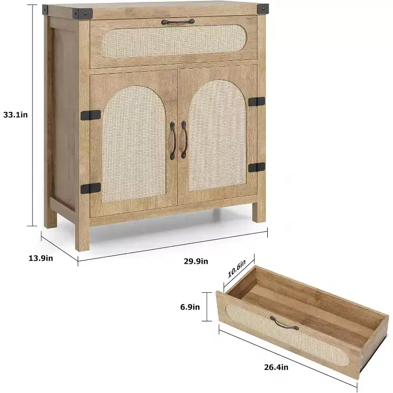 Rattan Sideboard Buffet Cabinets with Storage, MDF Sideboard, Wooden Sideboard, Boho Wooden Coffee Bar Cabinet for Dining Room, Living Room, Natural