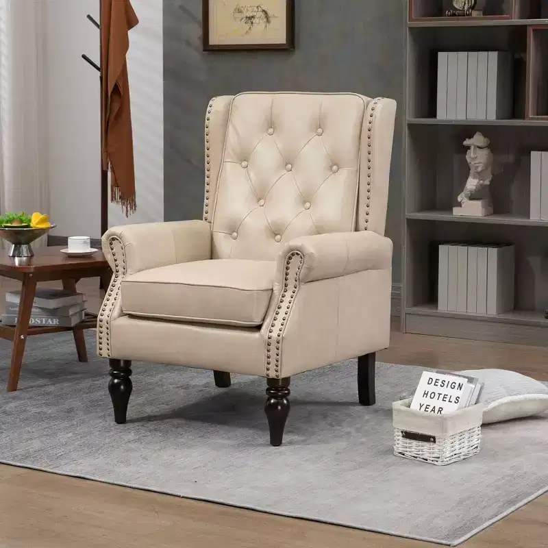 Wood Frame Armchair, Sturdy Wood Legs, Living Room Bedroom, Black PU