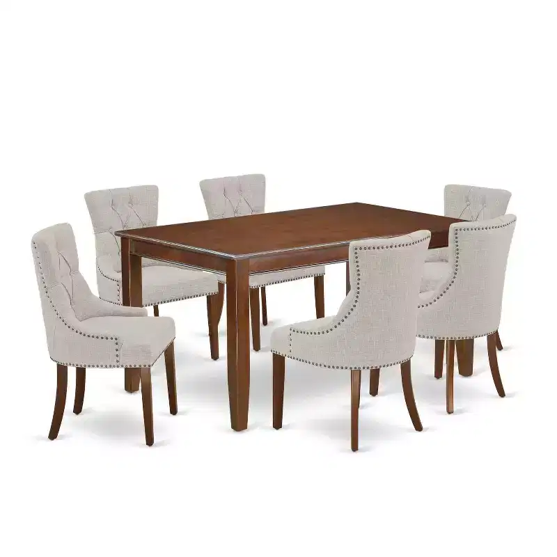 HomeStock 7 Piece Kitchen Table Set Mahogany Linen Fabric Parsons Chairs