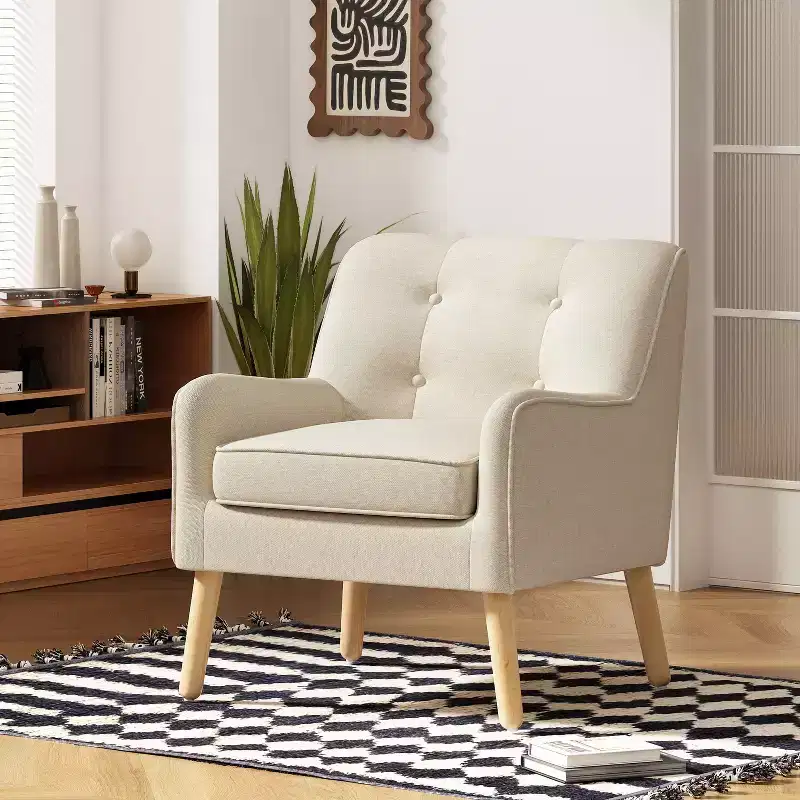 Button-Tufted Fabric Accent Chair with Birch Wood Legs – 30.5