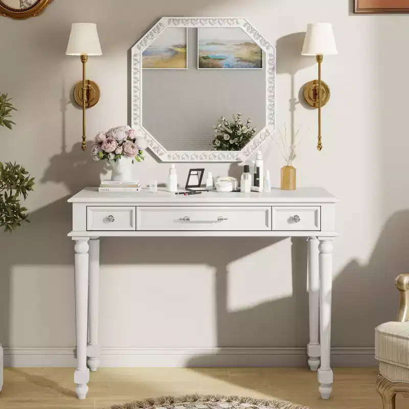 GDFStudio Temani Retro 3-Drawer Makeup Desk with Large Octagonal Mirror and Jewelry Storage