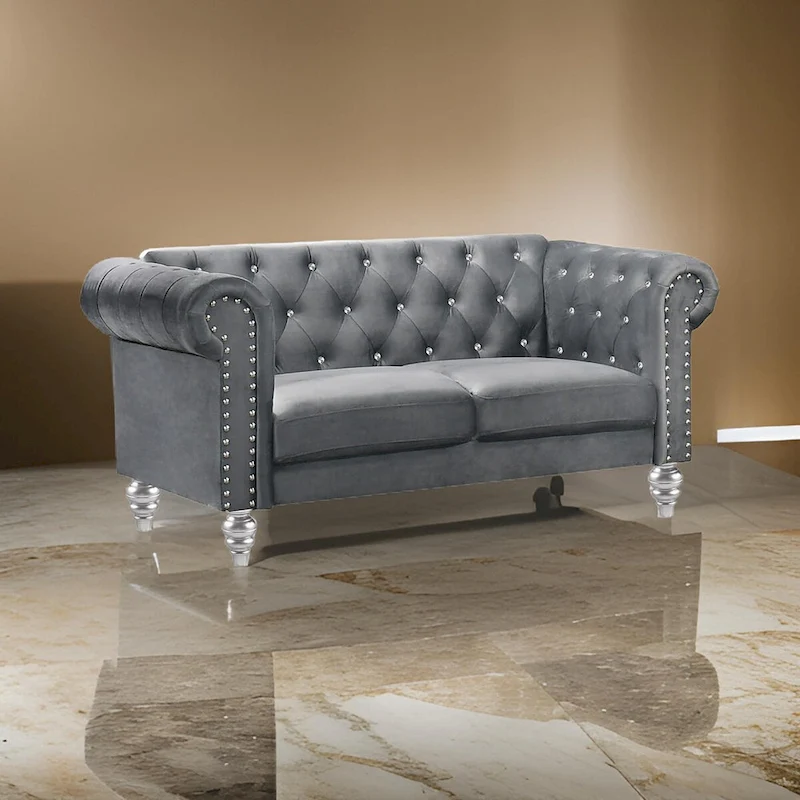 Ben 62 Inch Velvet Loveseat with Crystal Tufted Back, Grey