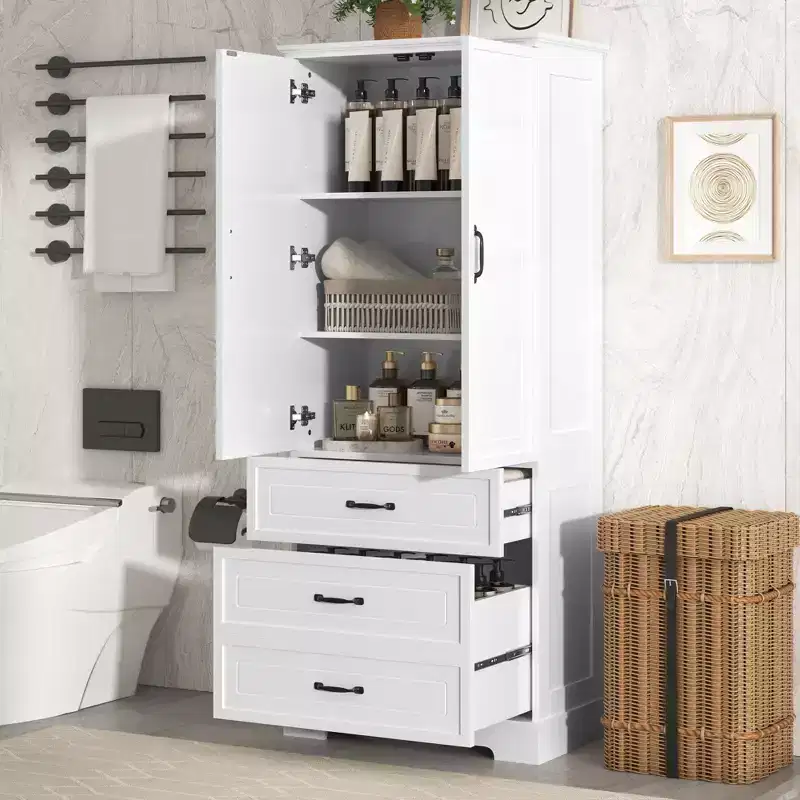 Modern Tall Bathroom Storage Cabinet – Double Doors, Adjustable Shelf & 2 Drawers