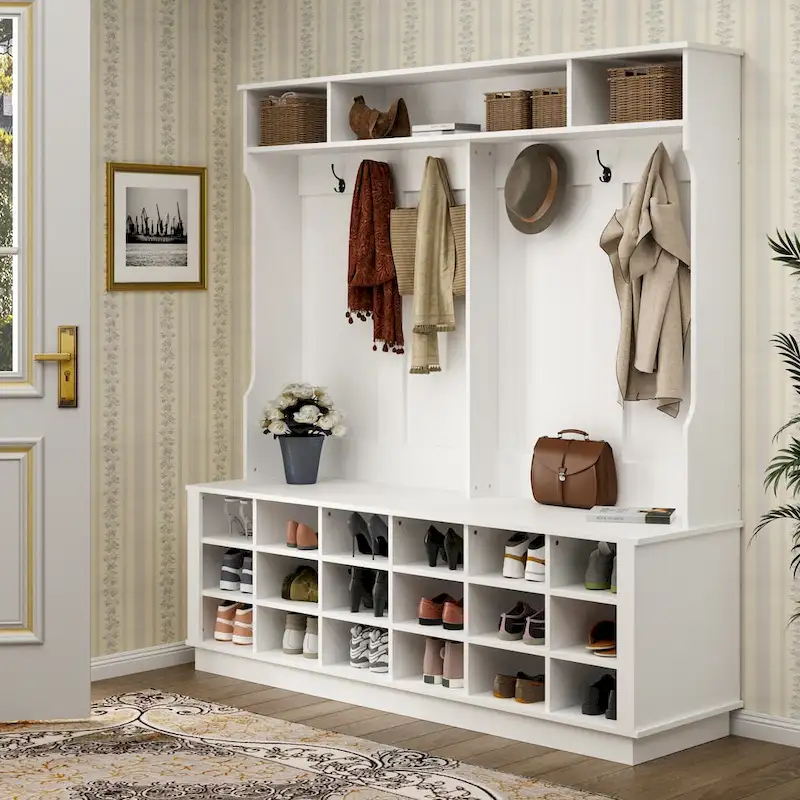 63W 18 Shoe Cubbies Wide Hall Tree With Hooks