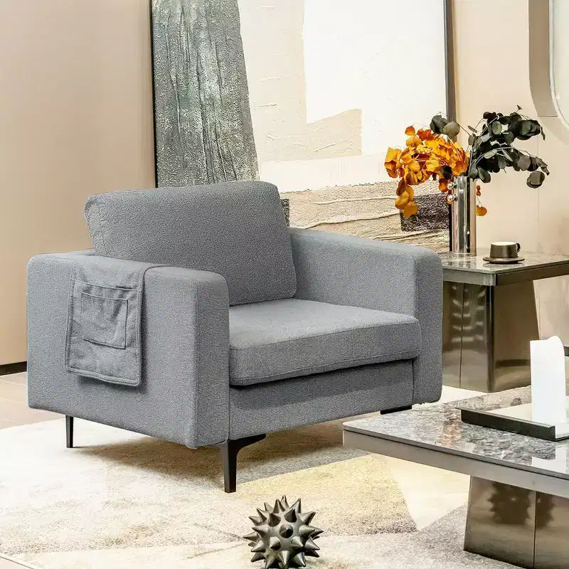 Linen Fabric Accent Armchair Single Sofa w/ Side Storage Pocket