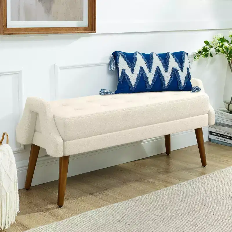 TUYOHW Modern Ottoman Bench with Irregular Geometric Armrests Upholstered Vanity Stool with Wood Legs Entryway Bench for Bedroom, Living Room