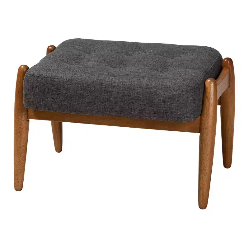 Jeanine Fabric and Wood Ottoman Footstool Dark Gray/Walnut Brown - Baxton Studio: Japandi Inspired, Rubberwood Frame, Button-Tufted