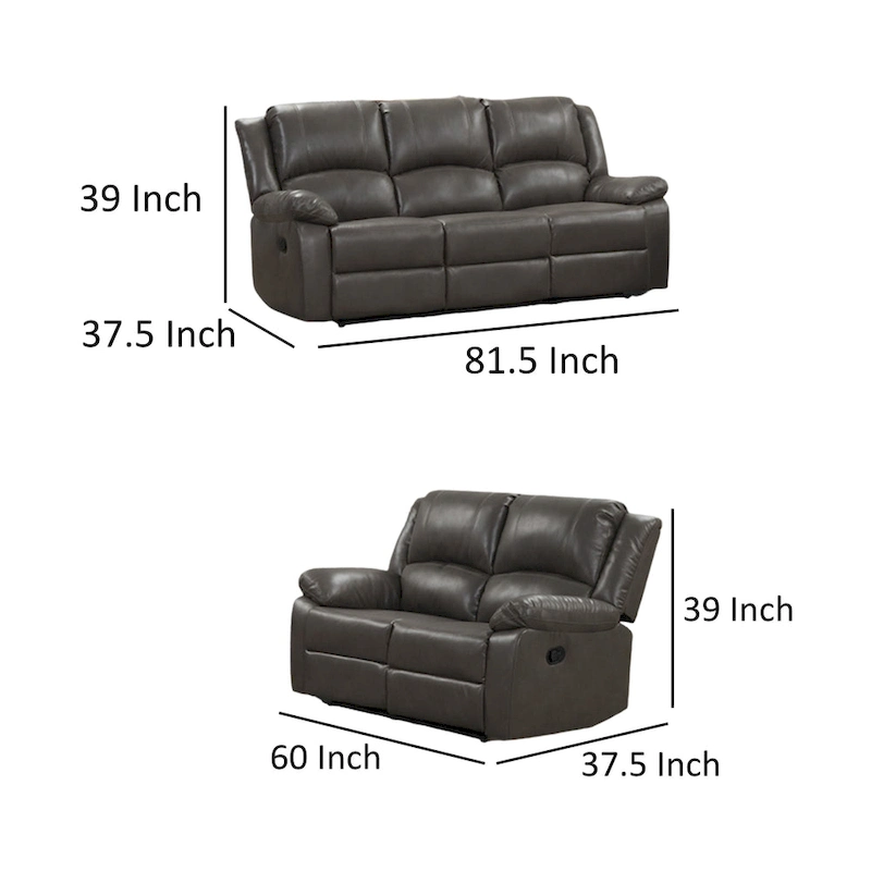 Lizzy Sofa and Loveseat Set, Manual Reclining, Solid Wood, Gray Leather