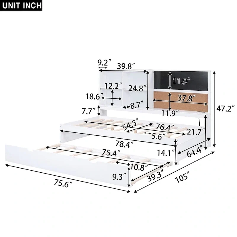 Full Pine Daybed with Blackboard, USB & Trundle