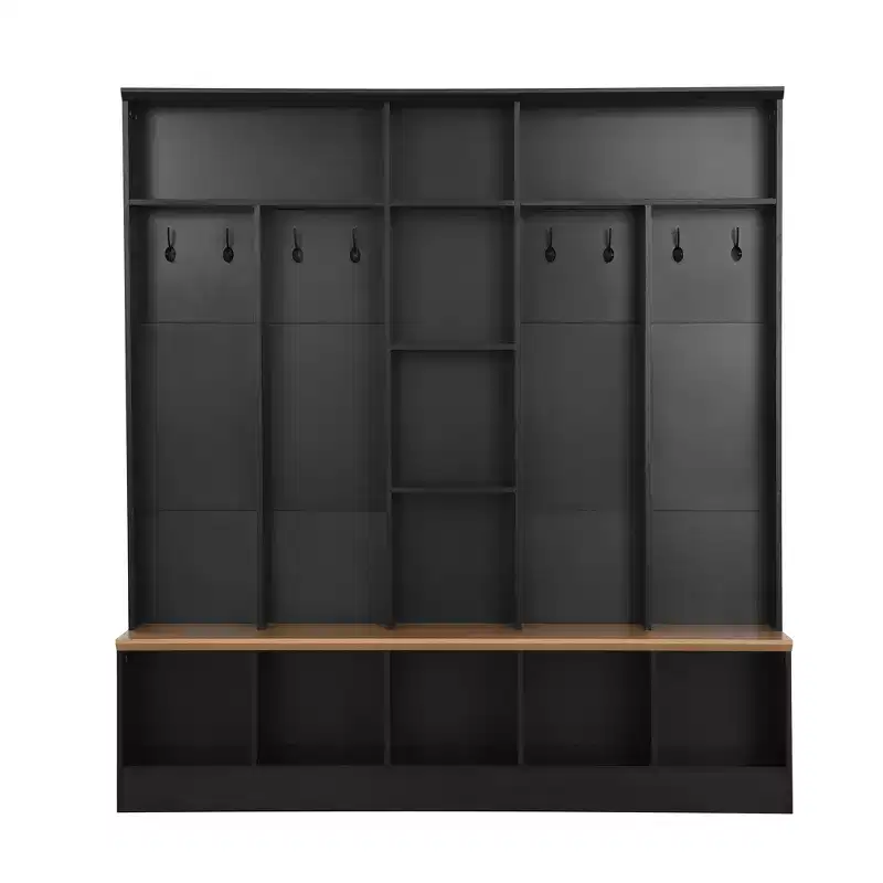 CLIHOME Wide Design Hall Tree with Storage Bench, Minimalist Shoe Cabinet with Cube Storage & Shelves