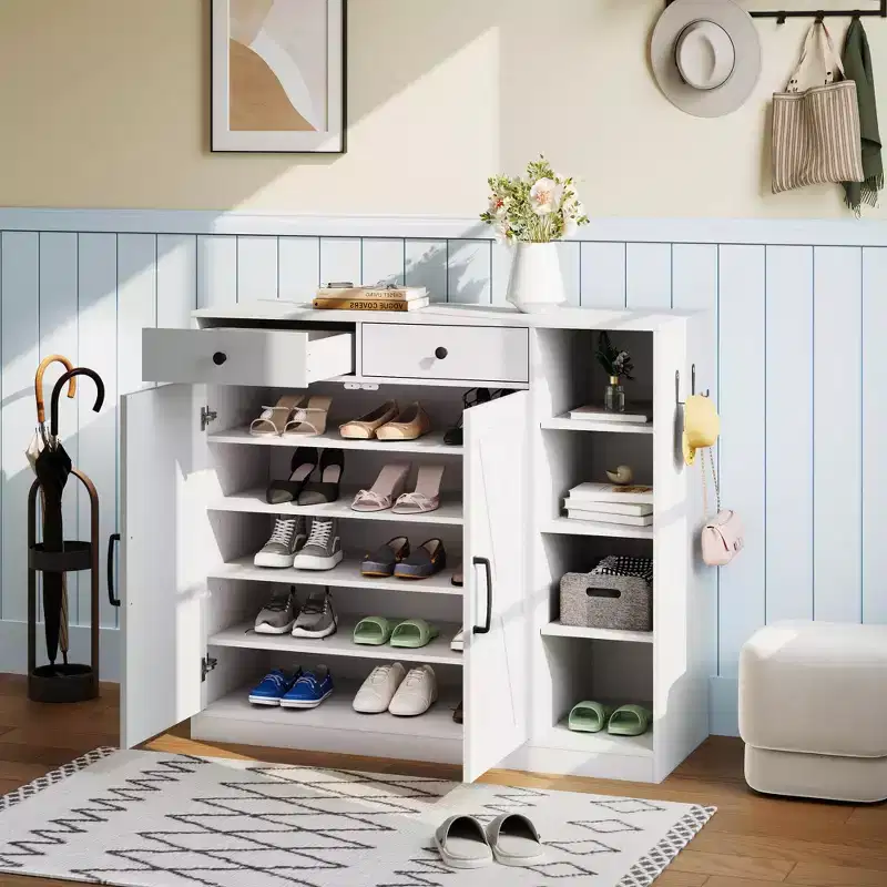 Shoe Storage Cabinet, Modern Farmhouse Shoe Rack Organizer with 6 Adjustable Shelves & 2 Drawers, Freestanding Entryway Cabinet for Living Room
