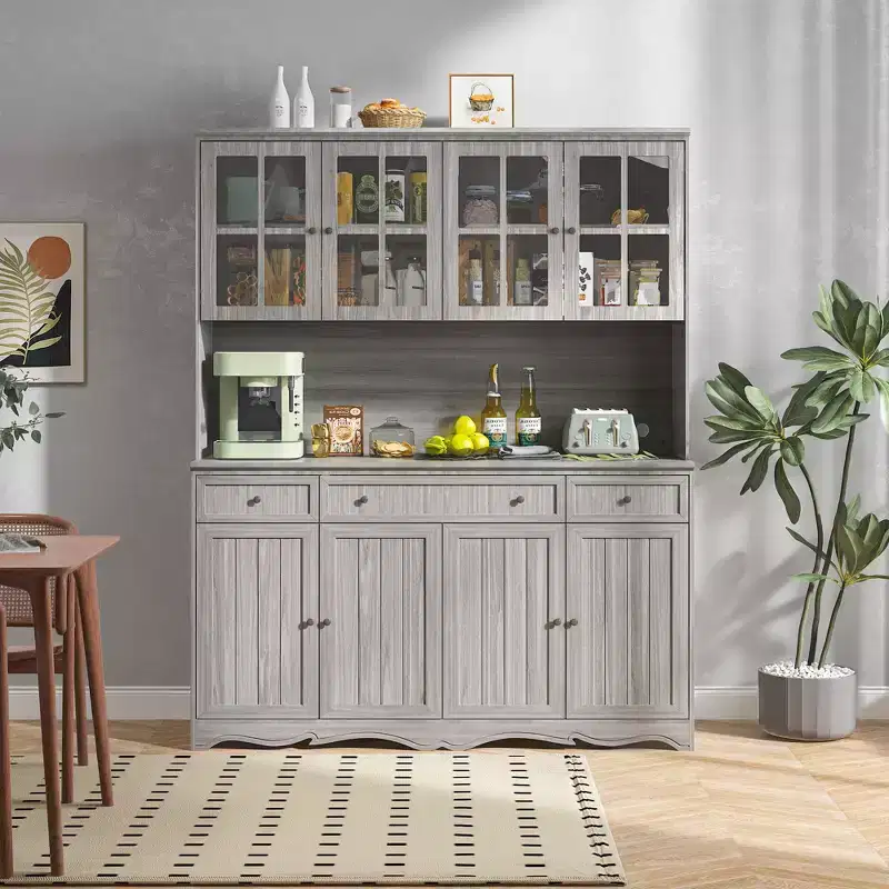 Famapy 61.2W Gray Storage Cabinet Buffet Hutch Kitchen Pantry Cabinet with Ornate Base Trim: Blend of Elegance and Utility