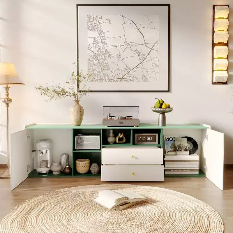 Gaoyangjiaju 78.7 Inch Modern Color Block TV Stand for 85 Inch TV Media Console with Drawers Storage Cabinet for Living Room Green and White
