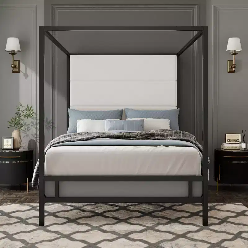GDFStudio Malan Modern King Size Canopy Bed with Tall Linen Upholstered Headboard