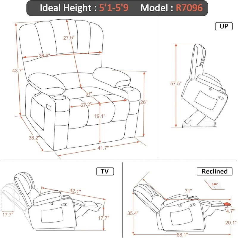 MCombo Power Lift Recliner Chair Sofa with Massage and Heat, Faux Leather R7096 (Medium-Wide)