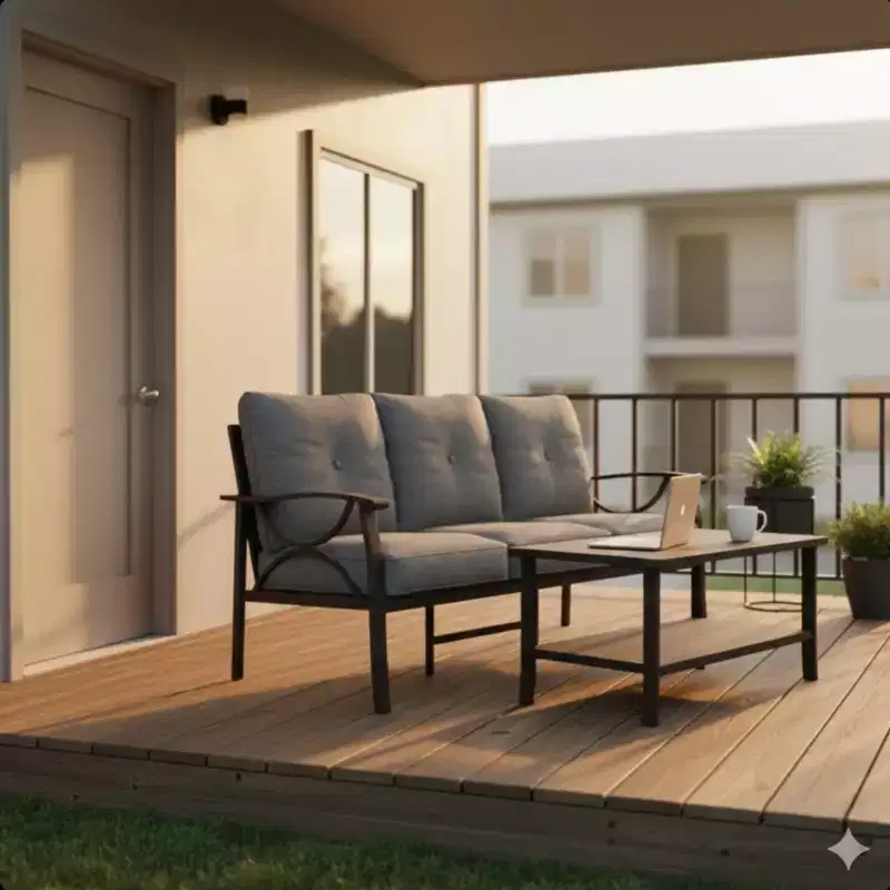 2 Piece Outdoor Patio Set, 70 Inch All-Weather Metal 3-Seat Metal Patio Sofa and Rectangular coffee Table, Khaki Frame with Gray Cushions