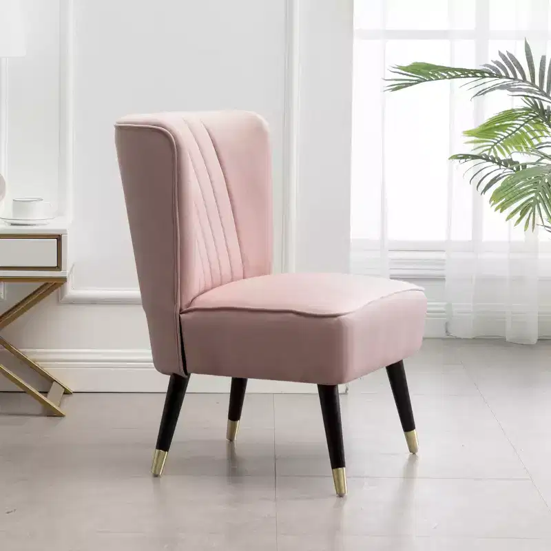 Contemporary Velvet Upholstered Accent Chair – Curved Back, Rubberwood Legs, Pink/Blue/Gray
