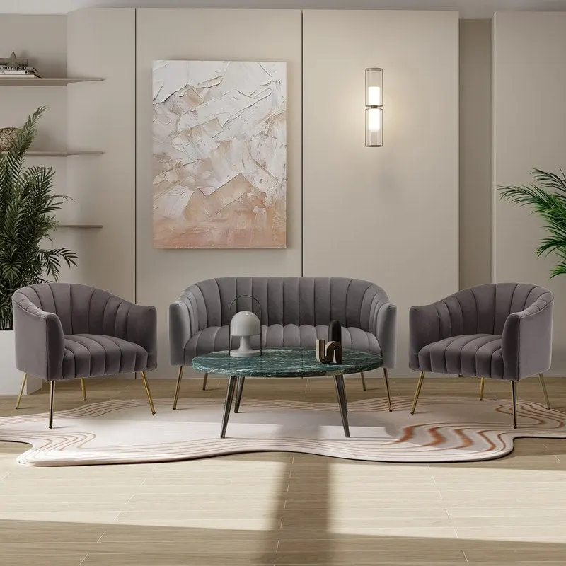 SEYNAR Modern Velvet Upholstered 3 Piece Living Room Set with Golden Legs