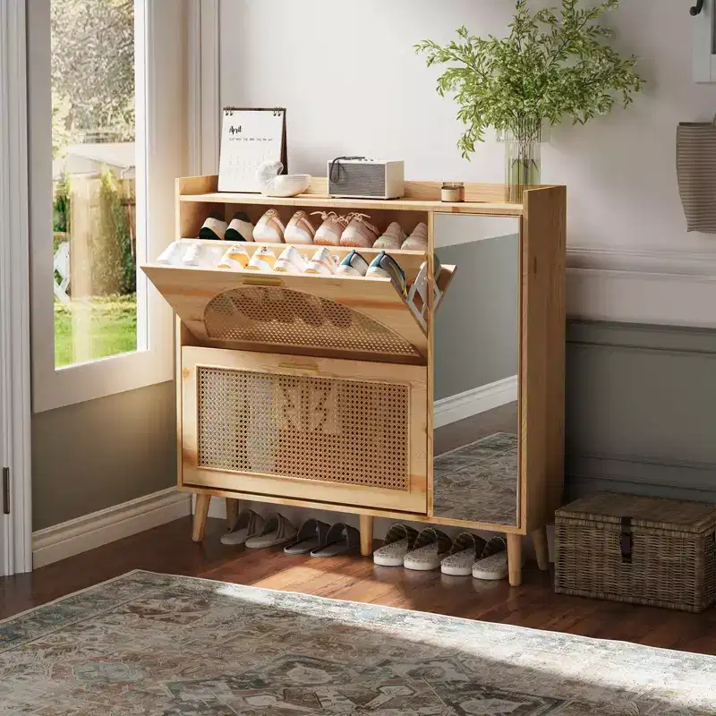 Natural Rattan Shoe Cabinet 2 Flip Drawers with Mirror Adjustable Shelves Freestanding Shoe Rack for Entryway Hallway Closet