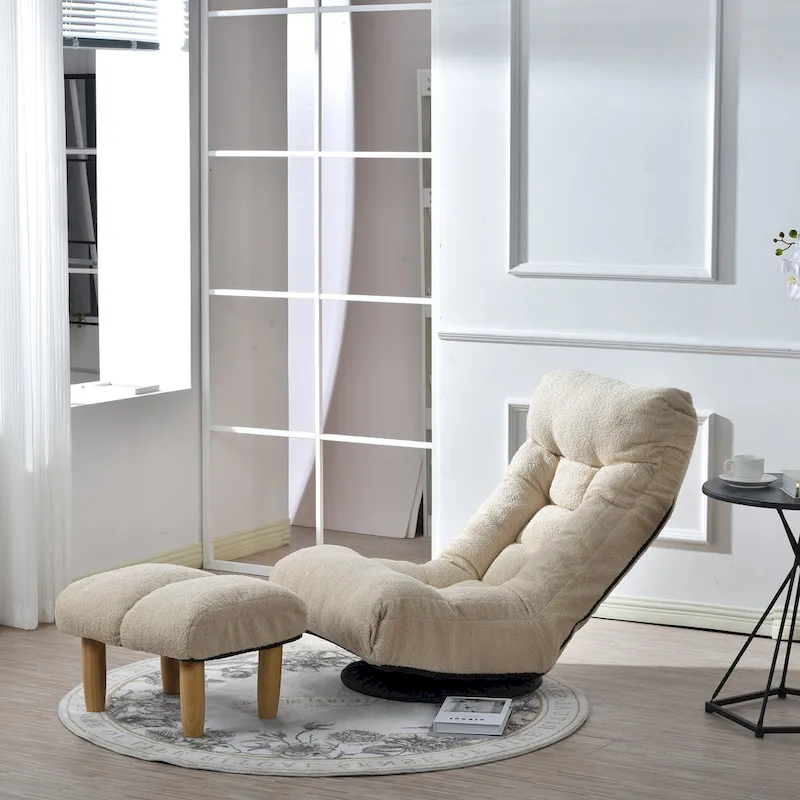Beige Boucle Upholstered 360 Swivel Armless Manual Leisure Recliner Set with Ottoman, Adjustable Headrest and Backrest