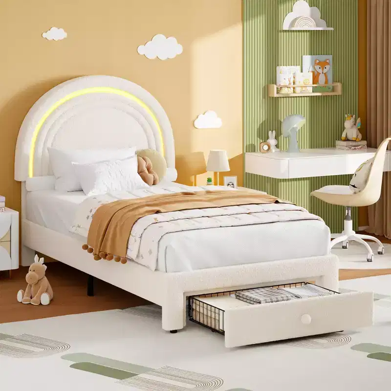 Twin Upholstered LED Bed Frame - with Storage Drawer and Rainbow Headboard, Berber Fleece Princess Platform Bed for Kids, Solid Wood Slats Support