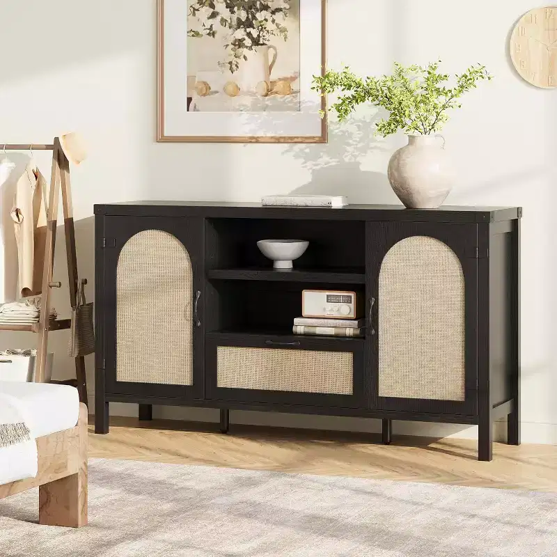 Acekool 47.2'' Rattan Buffet Cabinet, Sideboard with Doors, Drawer & Adjustable Shelf, Boho Coffee Bar Storage for Kitchen Living Room, Wood Color