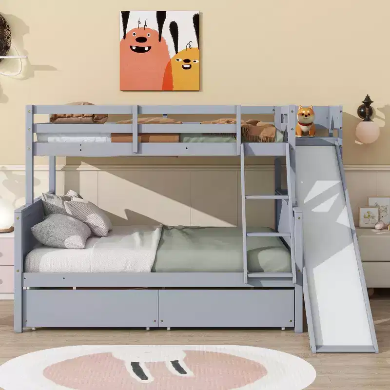 Whisen Twin over Full Rubber Wood Bunk Bed with 2 Drawers, Slide, Shelves and Ladder