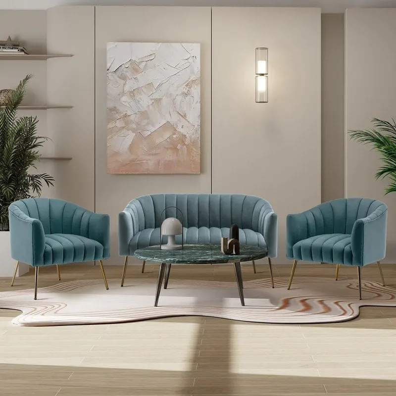 SEYNAR Modern Velvet Upholstered 3 Piece Living Room Set with Golden Legs