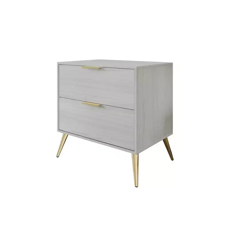 2-Drawer Nightstand with Gold Legs and Handles, Solid Wood