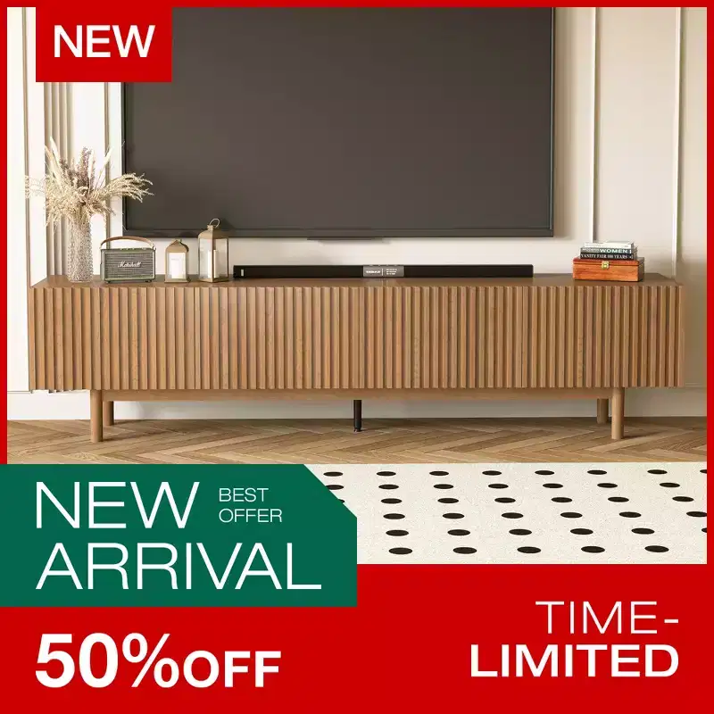 Modern Style 86.61 Fluted Media Console TV Stand with Layered Storage, Removable Shelves & Solid Wood Legs