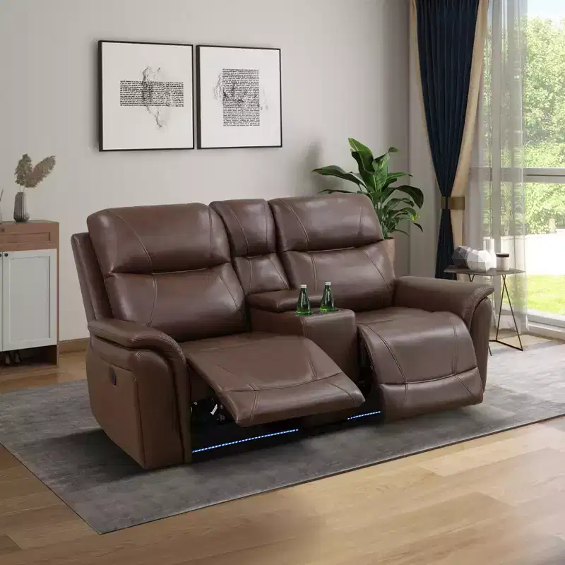 Power Reclining Loveseat, Electric 2-Seat Leather Recliner with USB Charging, Storage & Cup Holders, Reddish Brown