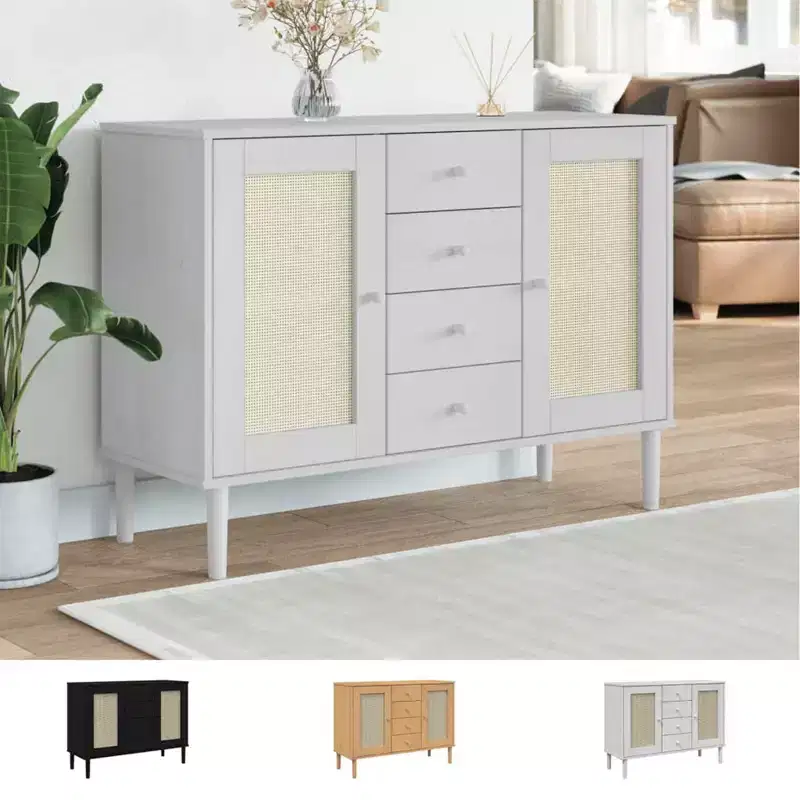 vidaXL SENJA Sideboard Buffet Storage Cabinet Rattan Look Solid Wood Pine, With 4 Drawers