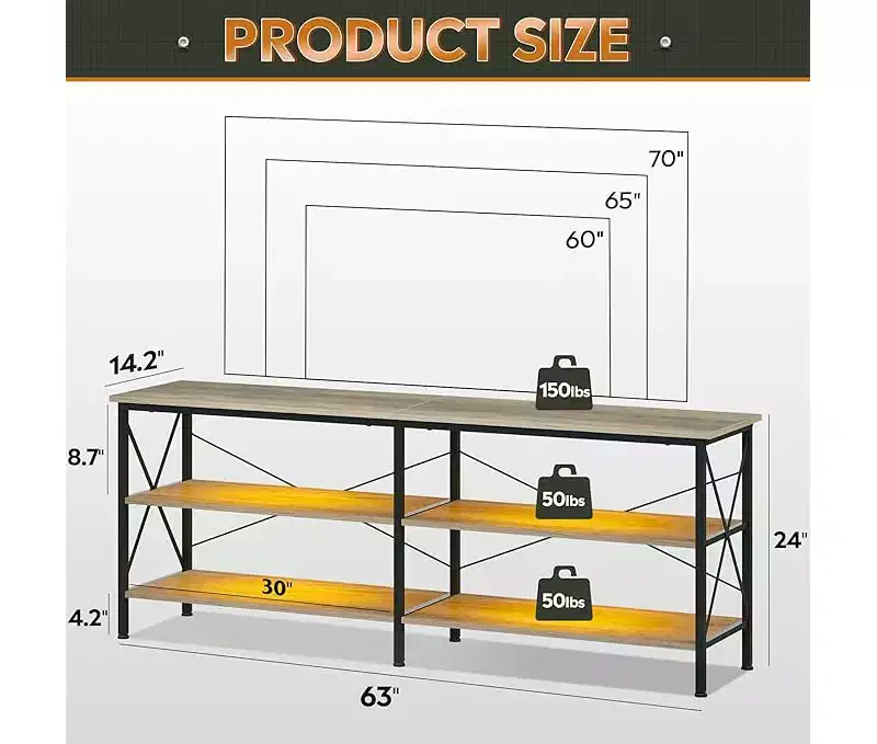 TV Stand for 65-70 inch TV with LED Lights, Gaming Entertainment Center with Storage, Industrial TV Console for Living Room, Greige