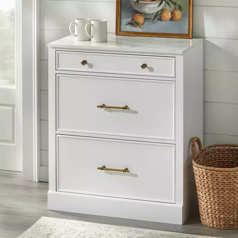 Modular Cabinet with Faux Marble Top 3 Drawers White: Farmhouse Style Sideboard, MDF Frame