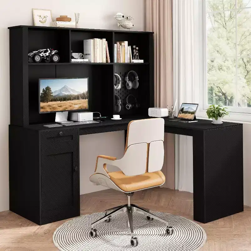 L-Shaped Wooden Desk with LED Lights, Drawers & Bookshelf, Modern Corner Computer Table for Home Office & Gaming, Walnut