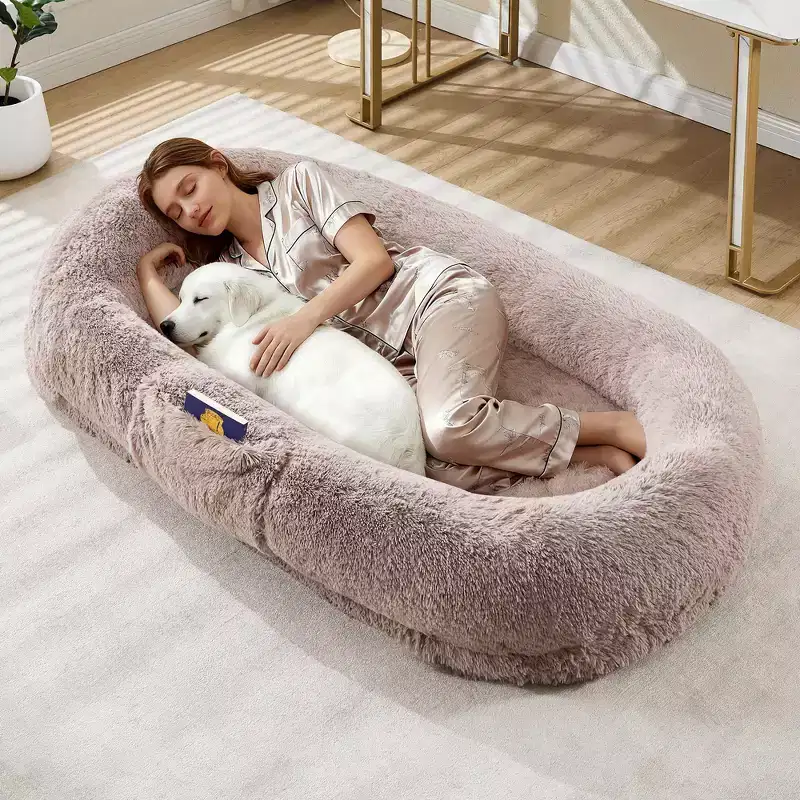 Human Dog Bed  65 x 41 x 12 Giant Faux Fur Bean Bag Bed with Handle, Removable Cover, Side Pocket & Egg-Crate Orthopedic Foam (Brown)