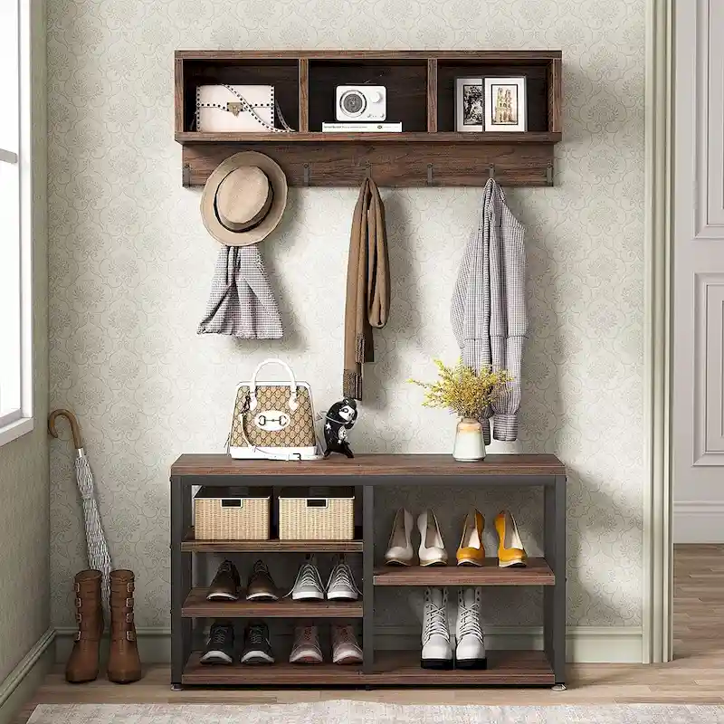 Entryway Coat Rack Shoe Bench Set, Industrial Hall Tree Coat Shoe Rack