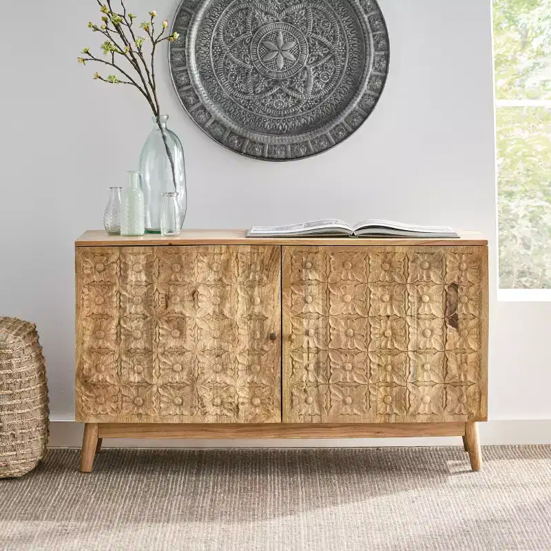 Handcrafted Acacia Wood Storage Sideboard with Carved Floral Accents, 2 Doors & Shelves