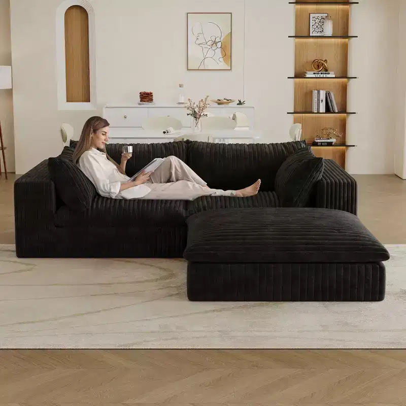 78.8 Blue Cloud Sofa with Ottoman, Corduroy Fabric Deep Seat Couches Double-layer design,Removable Cushion No Assembly
