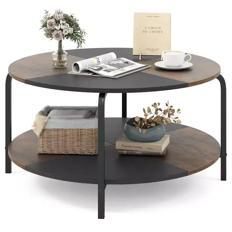 2-Tier Round Coffee Table with Storage Shelf, Metal Frame for Living Room Apartment, Rustic Brown