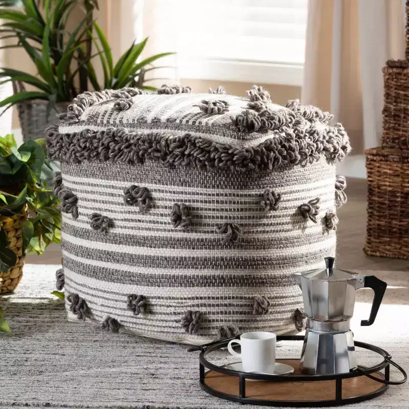 Eligah Handwoven Wool Moroccan Inspired Pouf Ottoman Ivory/Brown - Baxton Studio