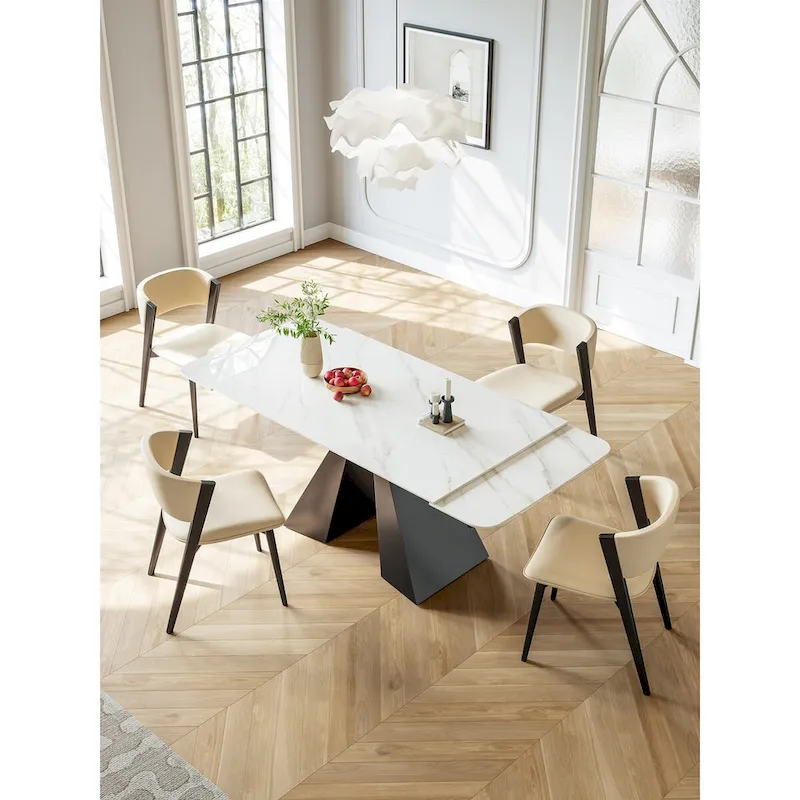 Rectangular Extendable Dining Table with Stone Top and Metal Base