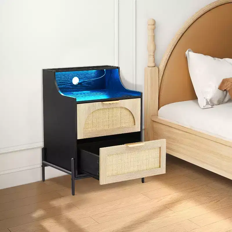 Nightstand with Outlets & USB - Adjustable Color Lighting Bedside Table, Rattan Side Table with 2 Drawers Storage