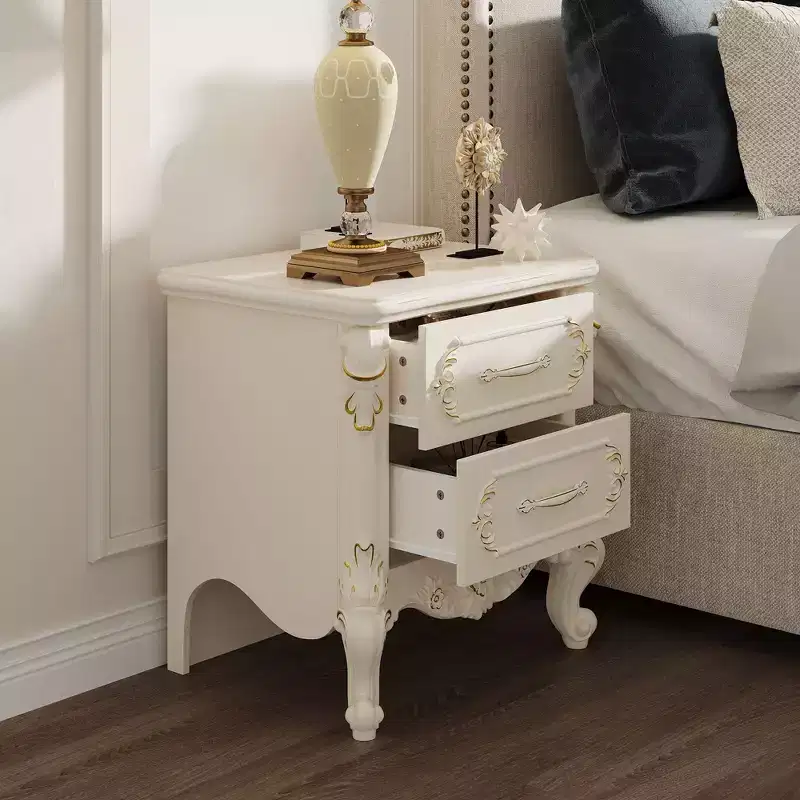 Vintage Luxury Nightstand with Gold-Accented Carvings and Double Drawers, 55 LBS Top Capacity
