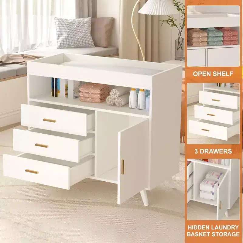 Baby Changing Table Dresser, 3-Drawer Changer with Removable Pad & Wooden Diaper Station for Nursery
