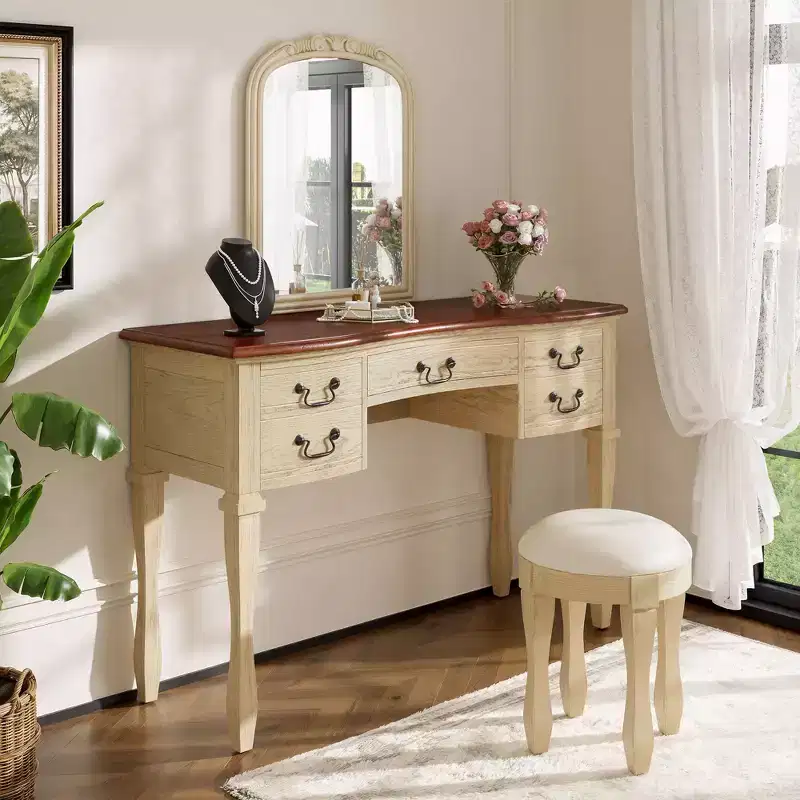 Vintage Makeup Vanity Dressing Table Vanity Desk with Curved Flower Frame Mirror, 5 Drawers & Matching Stool, Brown+Antique White
