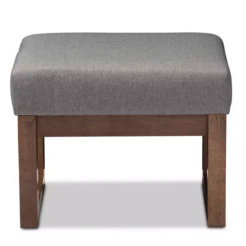 Gray Polyester Upholstered Ottoman Stool, Walnut Wood Base, Seats 1