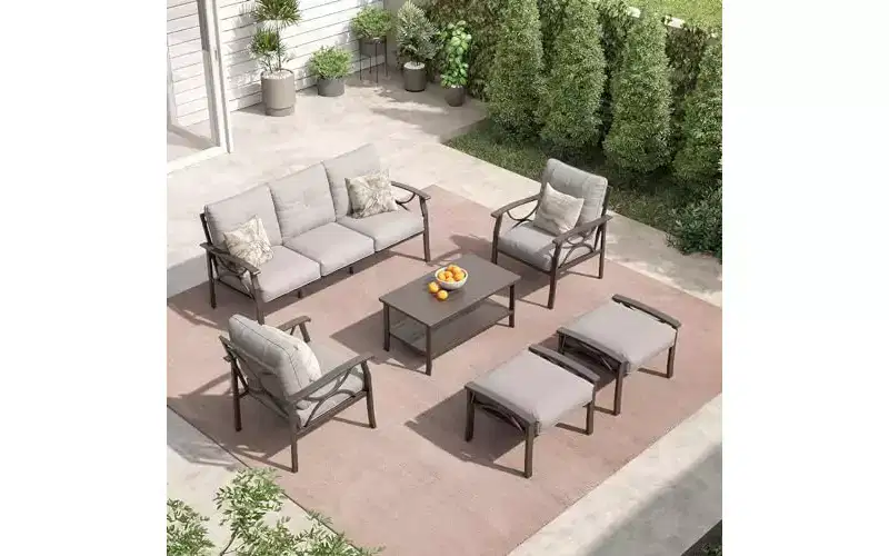 Heynemo Outdoor Patio Furniture Set, 6 Piece Patio Conversation Set with Coffee Table and Ottomans, Metal Furniture Set for Porch Backyard, Coffee