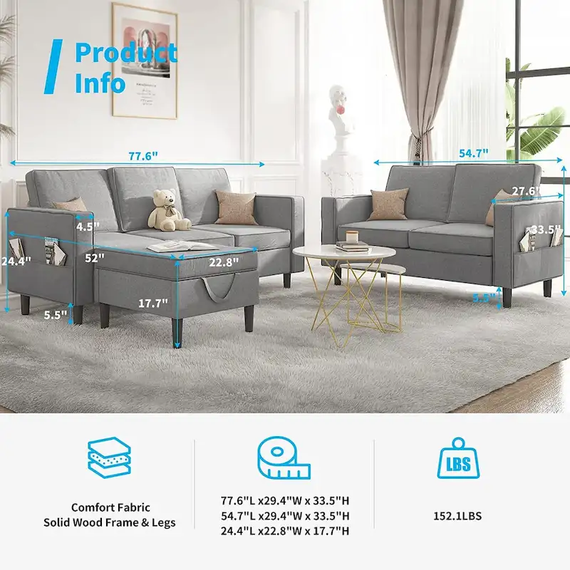 Mixoy Convertible Sectional Sofa Couches,3-Seater with Loveseat,Ottoman