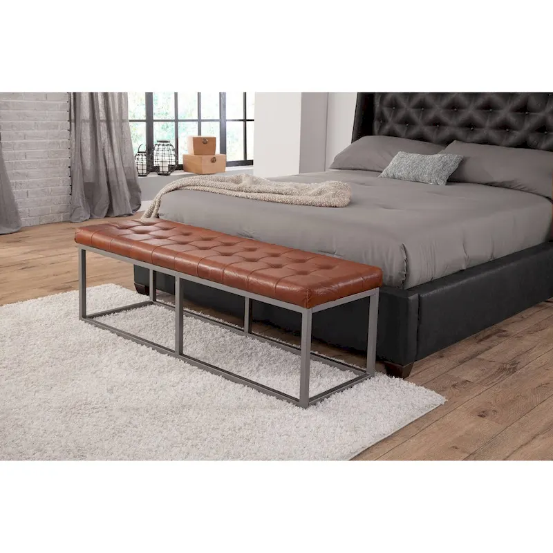 Cinnamon Brown Genuine Leather Accent Bench with Gray Metal Base - 56W